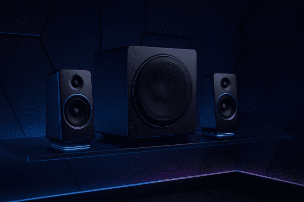 Premium bluetooth stereo speakers and subwoofer with mesh grille and LED accents on a glass shelf in a dark, acoustically-treated room.
