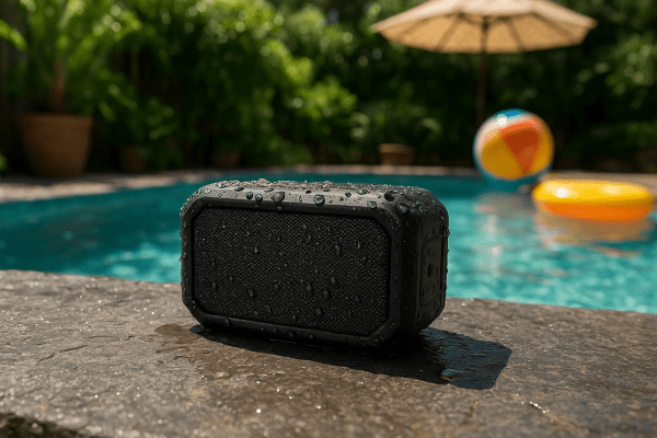 Rugged waterproof bluetooth speaker with beads of water on slate near a sunny pool, surrounded by plants and pool toys.