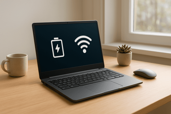 A next-gen Chromebook open on a Scandinavian desk with battery and Wi-Fi indicators, illuminated by natural light.