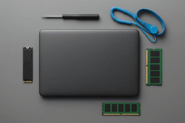 Flat lay of a closed Chromebook with separated SSD and RAM modules, screwdriver, and wrist strap on a matte gray surface.