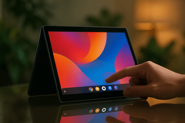 Close-up of a Chromebook in tent mode, a hand interacting with its vibrant IPS touchscreen on a glass table.