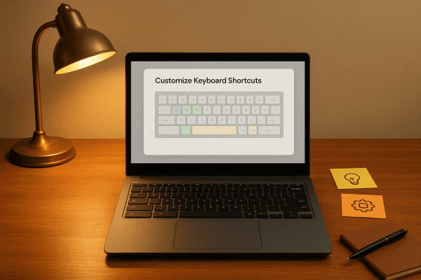 Open Chromebook on a wooden desk with colored shortcut keys, customization window on screen, and warm desk lighting.