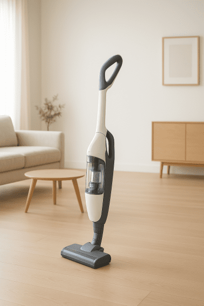 A contemporary cordless stick vacuum with an ergonomic handle and transparent filtration stands in a bright, minimalist Scandinavian living room with pale wood floors.