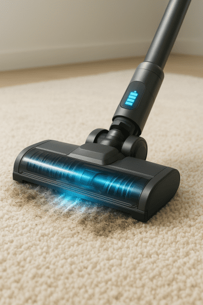 Macro close-up of a cordless vacuum head lifting dirt from a thick carpet, with digital battery display and airflow vents visible.