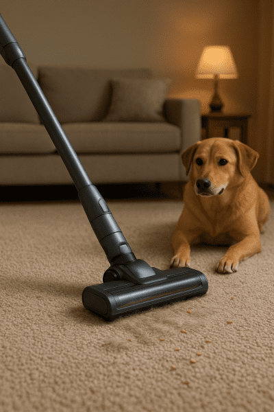 Cordless vacuum with pet brush lifts fur and debris from textured carpet as a relaxed dog looks on.