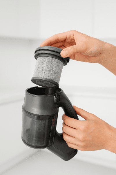 Close-up of hands removing a HEPA filter from a cordless vacuum in a bright, spotless utility room.