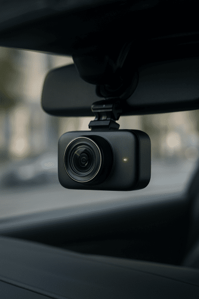 Ultra-clear close-up of an advanced dash cam on a luxury car windshield, with city street softly blurred outside.