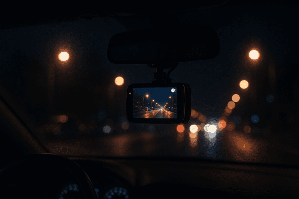 Dash cam recording 4K video at night, with IR LEDs glowing and city lights reflected on car glass.