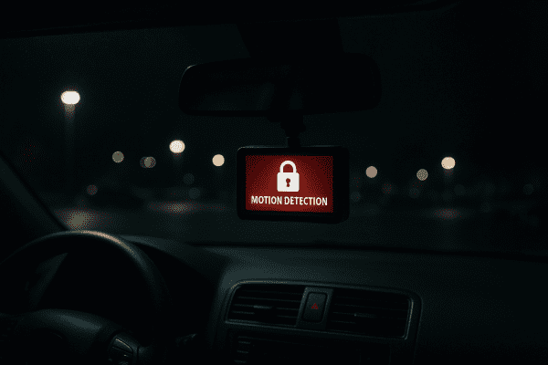 Parked car interior at night, dash cam displaying motion detection and secure file alerts, parking lot softly lit outside.