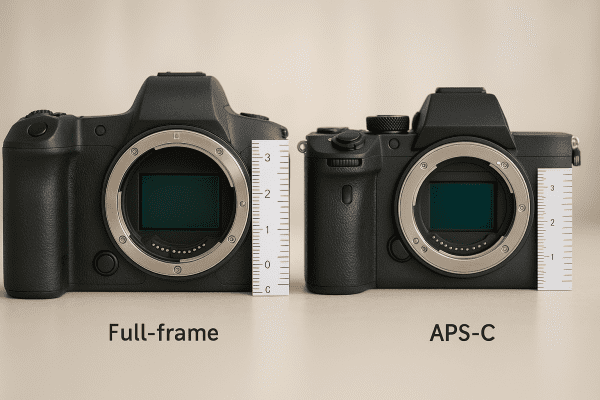 Two DSLR cameras showing different sensor sizes side by side, with rulers for scale on a clean studio table.