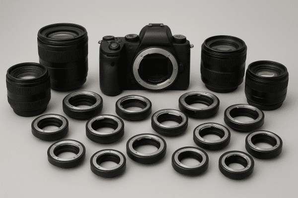 DSLR camera body with assorted lenses and adapters showing different mount types, arranged on a clean table.