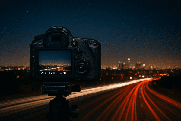A DSLR camera on a tripod at night, LCD displaying exposure settings, facing a vibrant cityscape with light trails.