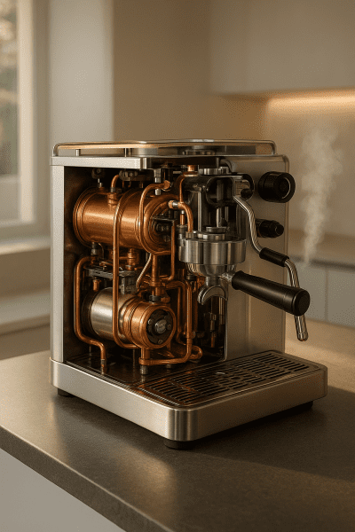 Cutaway illustration of an advanced espresso machine with double boiler, copper pipes, and pressure controls in a modern kitchen.