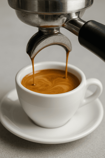 Macro close-up of espresso pouring from a portafilter, showing detailed crema and metalwork.