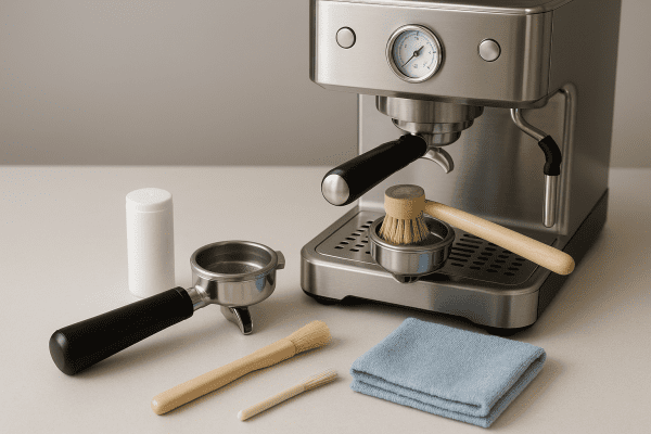 Espresso machine being cleaned with tools and water filter cartridge organized on a clean surface.