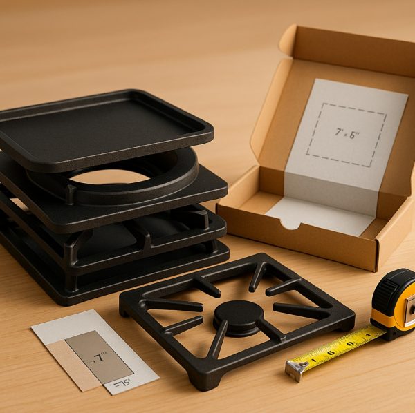 Studio tabletop shot of gas range accessories including griddle, wok ring, removable grates, and a tape measure.