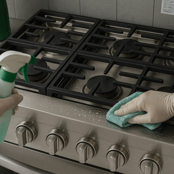 Macro overhead of a hand cleaning a gas range grate and stainless-steel surface with spray bottle and cloth.