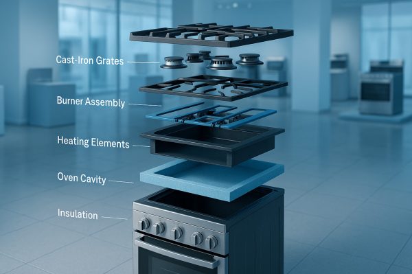 Photoreal exploded view of a gas range showing oven insulation, heating elements, and cast-iron grates.