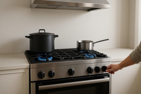 Blue flames on a gas range heat cookware under cast-iron grates with oven, burners, and range hood visible.