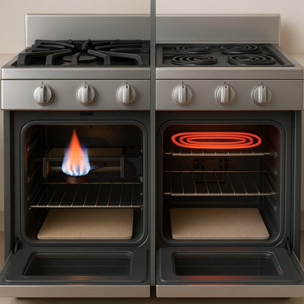 Cutaway compares broiler systems in a gas range and an electric oven, highlighting BTU output, fuel type, and coil element.