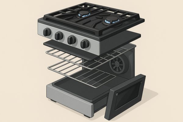 Exploded view shows cooktop materials for a gas range—stainless steel, tempered glass, enamel.