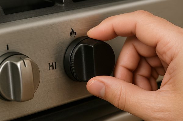Hand fine-tunes a gas range knob to hold a steady simmer flame for precise temperature control.