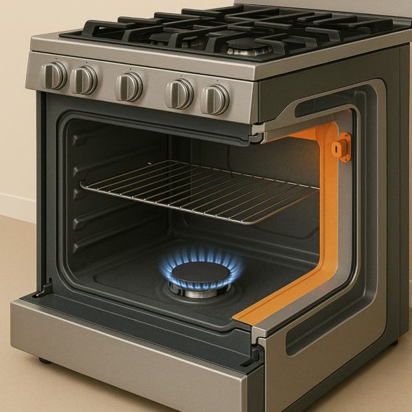 Cutaway of a gas range door shows triple-pane glass, cooling channel, and reinforced hinge for safer operation.