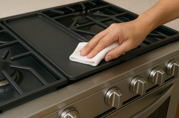 Removable griddle from a gas range is cleaned with a microfiber cloth at a stainless sink.