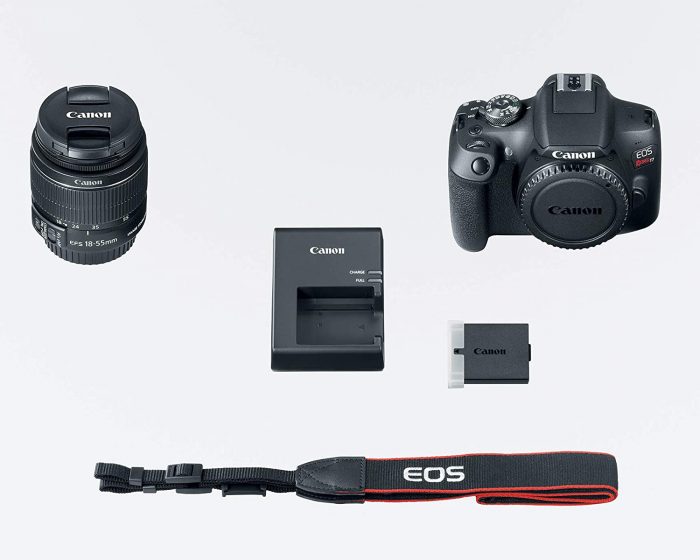 Looking closely at the different parts of a DSLR: the lens, battery, holder, charger, and the device itself, all laid out for closer inspection and understanding.