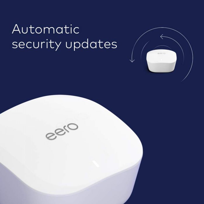 Eero WiFi system, showcasing its automatic security update feature. The Eero WiFi system consists of a central router unit and potentially satellite units placed throughout a home or office space to ensure comprehensive coverage. The router unit is depicted with a sleek, modern design, featuring indicator lights or a display panel to convey information. In the illustration, the router unit may be shown surrounded by Wi-Fi signals or connected devices, indicating its role in providing internet access. Text or symbols indicating "automatic security updates" may be visible near the router, highlighting this key feature. This illustration serves to visually represent Eero's commitment to ensuring the ongoing security of its WiFi network through regular, automated updates.