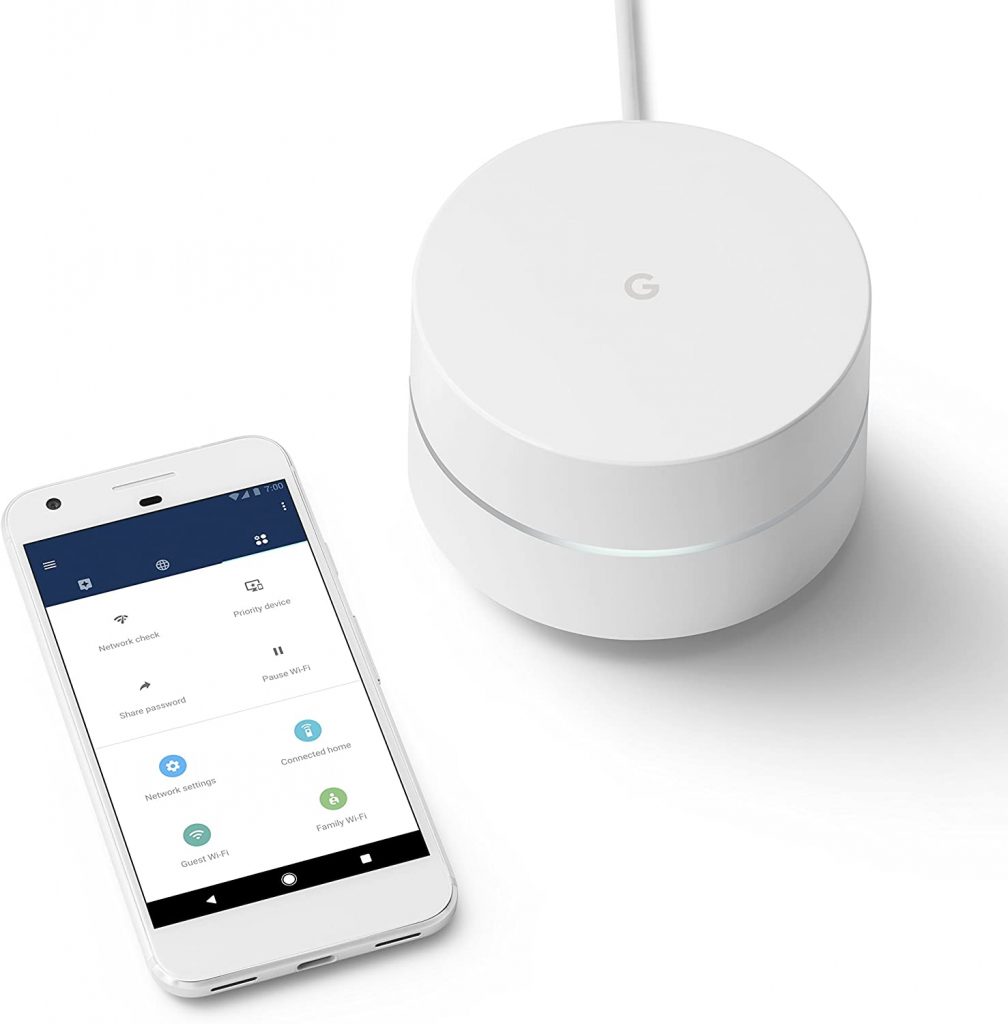 Google Nest mesh wi fi router kit placed on a pristine white background. The kit consists of a central router unit, accompanied by additional components such as mesh Wi Fi extenders or satellites. The router (mesh wi fi) unit is sleek and modern in design, featuring clean lines and a minimalist aesthetic. It may have indicator lights or buttons visible on its surface, indicating connectivity and status. Surrounding the mesh wi fi router, there may be other elements such as power cables or accompanying accessories. The white background provides a clean and uncluttered backdrop, allowing the focus to remain on the mesh wi fi router kit and its components.