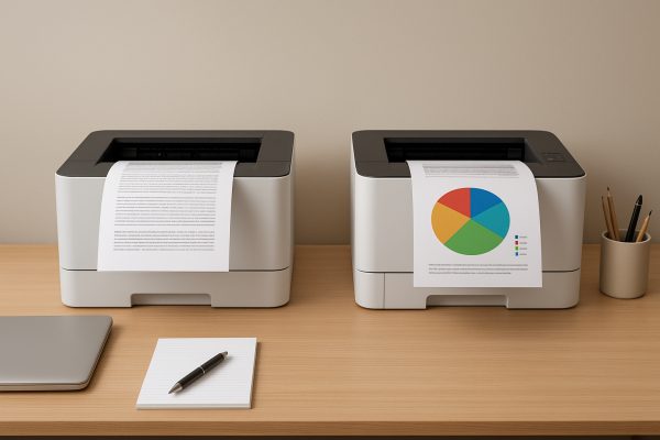 Monochrome and color laser printers with their sample printouts on a tidy desk in a home study.