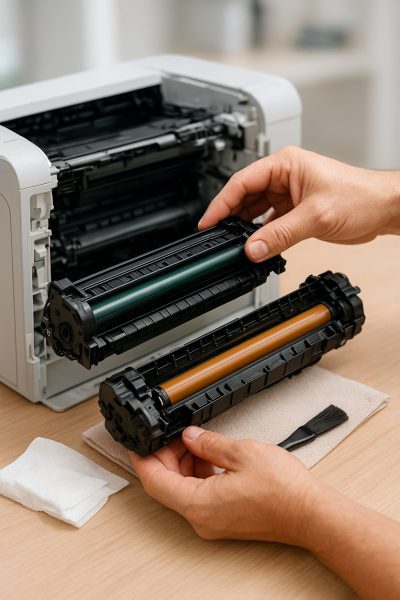 Close-up of hands maintaining a home laser printer's drum and fuser, with cleaning tools on a cloth.