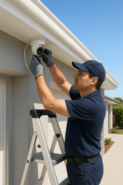 A professional installer on a ladder attaches a wired security camera under a home's overhang in bright sun.