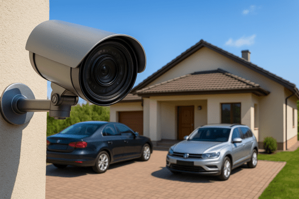 A 4K security camera mounted over a driveway, clearly capturing parked cars and an entryway in sharp detail.