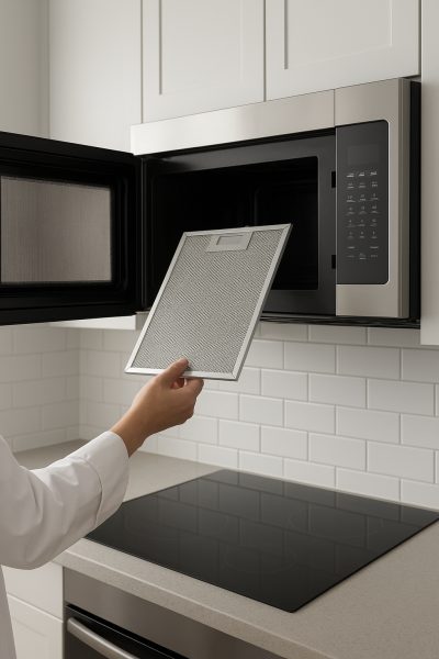 A professional removes a metallic mesh grease filter from the underside vent of an over the range microwave in a sleek kitchen.