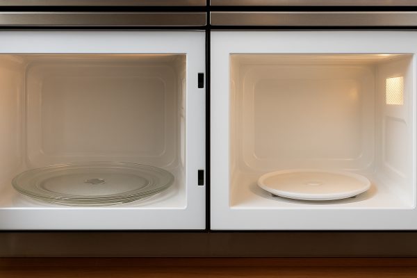 Side-by-side close-up comparison of microwave interiors with different turntable materials and sizes.