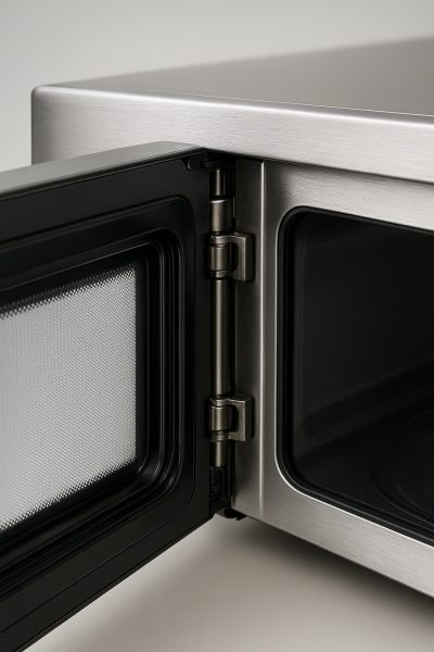 Macro view of a stainless steel microwave door, showing fingerprint-resistant finish and durable construction.