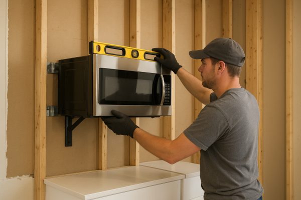 Installer uses a level to mount a microwave on wall brackets anchored into exposed wall studs.