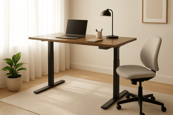 High-end standing desk mid-adjustment with walnut desktop and digital controls in a sunlit, modern home office.
