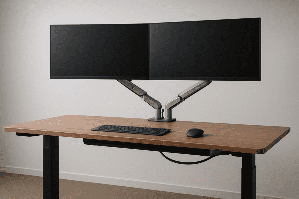 Standing desk with dual ultra-wide monitors and flawless cable management in a modern office.