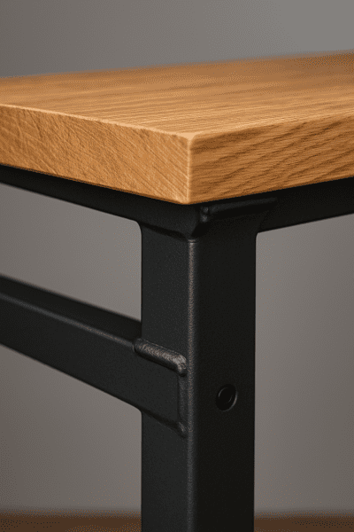 Macro detail of standing desks reinforced steel frame and solid oak desktop.