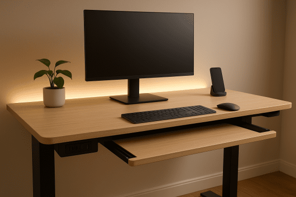 Standing desk with built-in flush power outlets, USB charging, and a smooth keyboard tray in a relaxing workspace.
