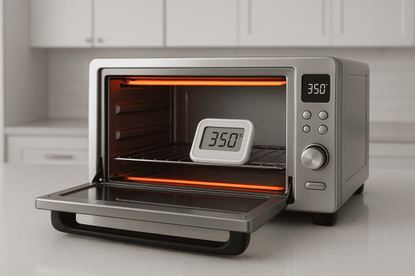 A sleek toaster oven with glowing red heating elements and a digital thermometer inside, placed on a spotless quartz counter in a minimalist kitchen.