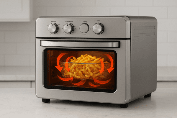 A countertop oven with air fryer mode running, fries visible inside, and swirling arrows on the glass illustrate convection airflow in a modern, tidy kitchen setting.