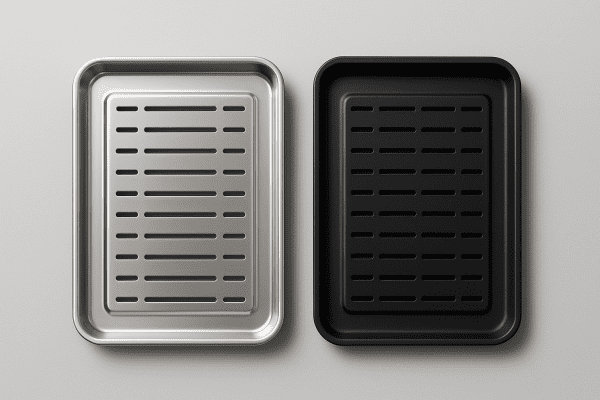 Two pristine broiler trays one stainless, one nonstick side by side on a soft gray background, clearly showing their different finishes.