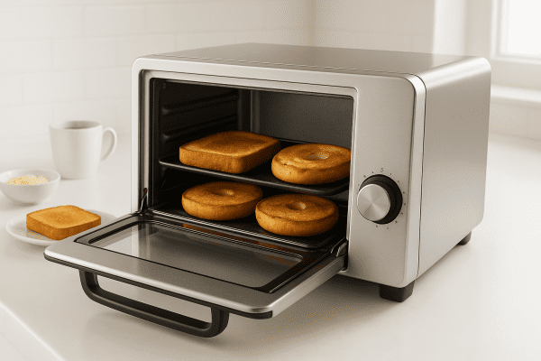 A toaster oven open on a clean counter displays evenly browned toast and bagels. The browning dial is in focus, with a tidy, modern backdrop.