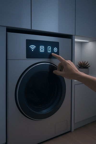 A smart washer dryer combo with a touch interface and Wi-Fi icon in a sleek, modern laundry room.