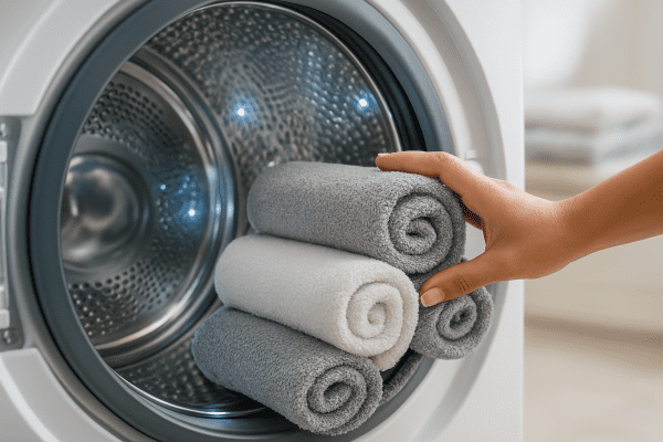 Detailed macro of washer dryer drum with glowing sensor points and a hand loading towels.