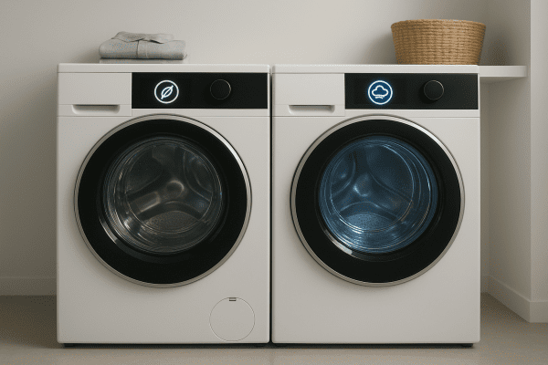 Two washer dryer combos: one with a green eco icon, one with blue steam icon, side by side in a bright laundry studio.